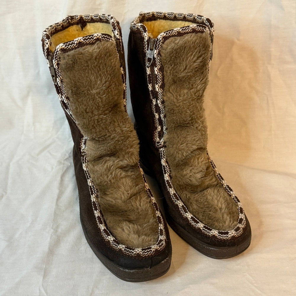 Vtg Quoddy Women's Boot Sz 7 Shearling Lined Faux Fur Moccasin Brown‎ Tan Snow